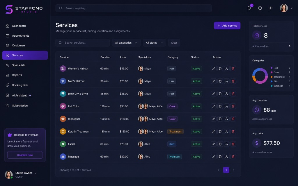 Salon booking software — services dashboard