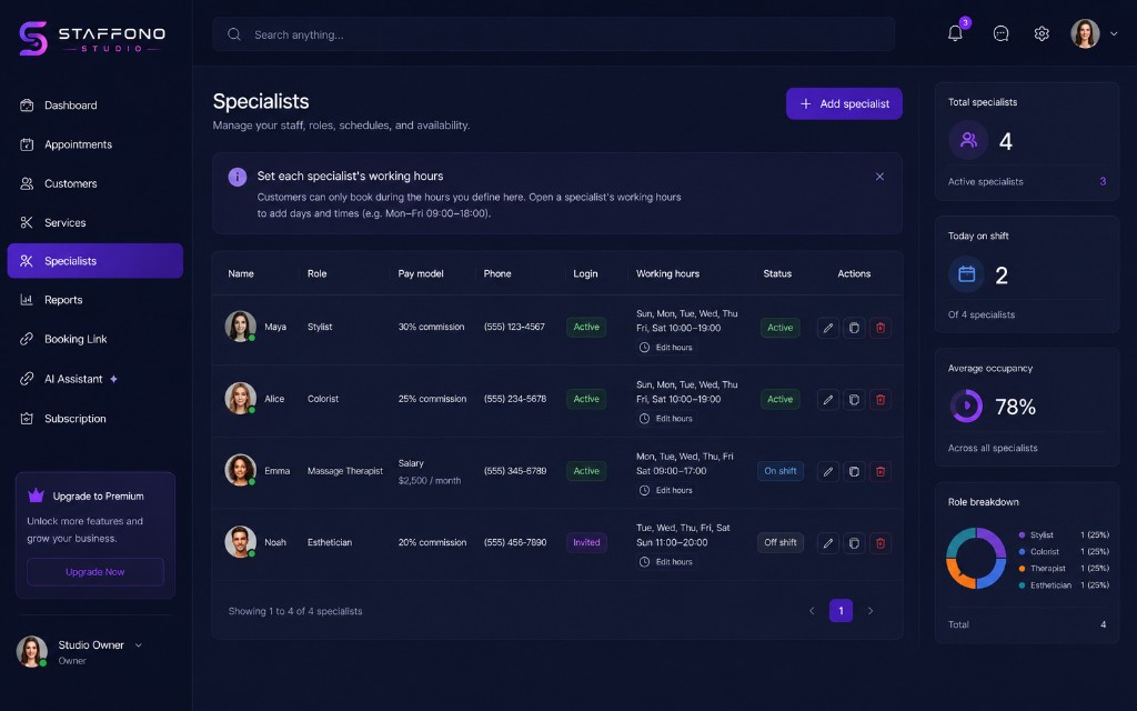 Specialist scheduling in salon management software